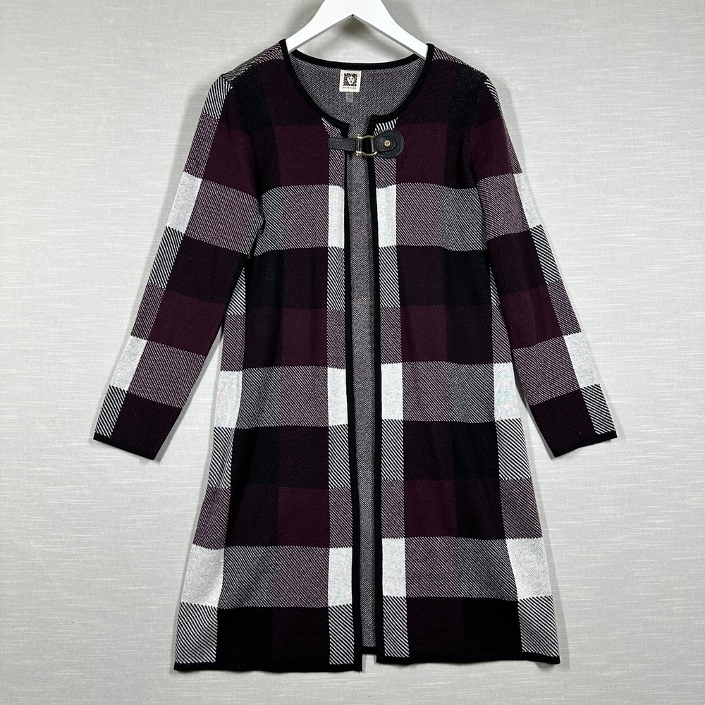 Anne‎ Klein Plaid Cardigan Sweater Women S Purple Long Sleeve Buckle Front Y2K